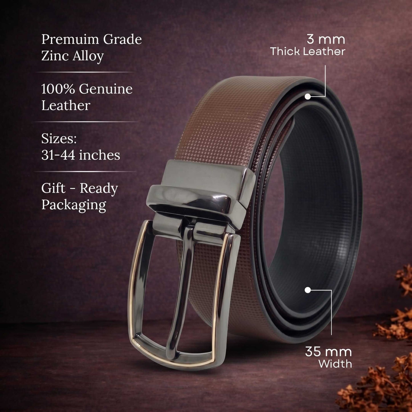 Mens 100% Genuine Leather Belt - NEXVIOR Grid-Emboss, MORVEX Matte Gunmetal Pin Buckle (Brown & Black Reversible) — Leather Belts for Men | THE MEN THING