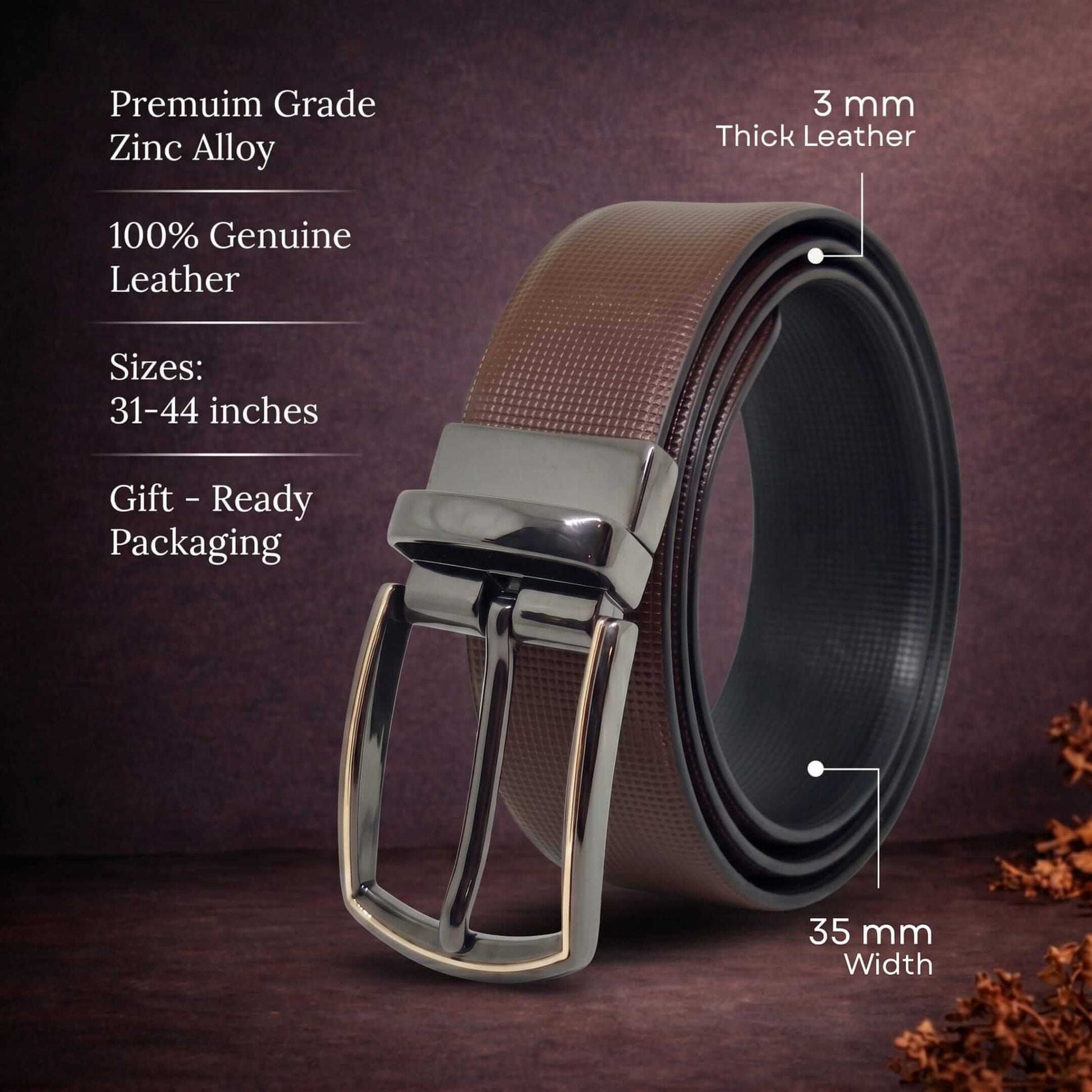 Mens 100% Genuine Leather Belt - NEXVIOR Grid-Emboss, MORVEX Matte Gunmetal Pin Buckle (Brown & Black Reversible) — Leather Belts for Men | THE MEN THING