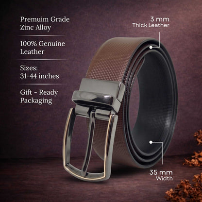 Mens 100% Genuine Leather Belt - NEXVIOR Grid-Emboss, MORVEX Matte Gunmetal Pin Buckle (Brown & Black Reversible) — Leather Belts for Men | THE MEN THING