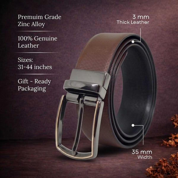 Mens 100% Genuine Leather Belt - NEXVIOR Grid-Emboss, MORVEX Matte Gunmetal Pin Buckle (Brown & Black Reversible)