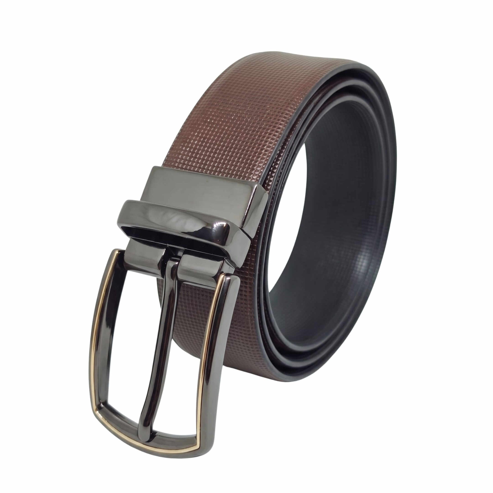 Mens 100% Genuine Leather Belt - NEXVIOR Grid-Emboss, MORVEX Matte Gunmetal Pin Buckle (Brown & Black Reversible) — Leather Belts for Men | THE MEN THING