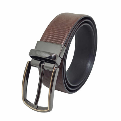 Mens 100% Genuine Leather Belt - NEXVIOR Grid-Emboss, MORVEX Matte Gunmetal Pin Buckle (Brown & Black Reversible) — Leather Belts for Men | THE MEN THING