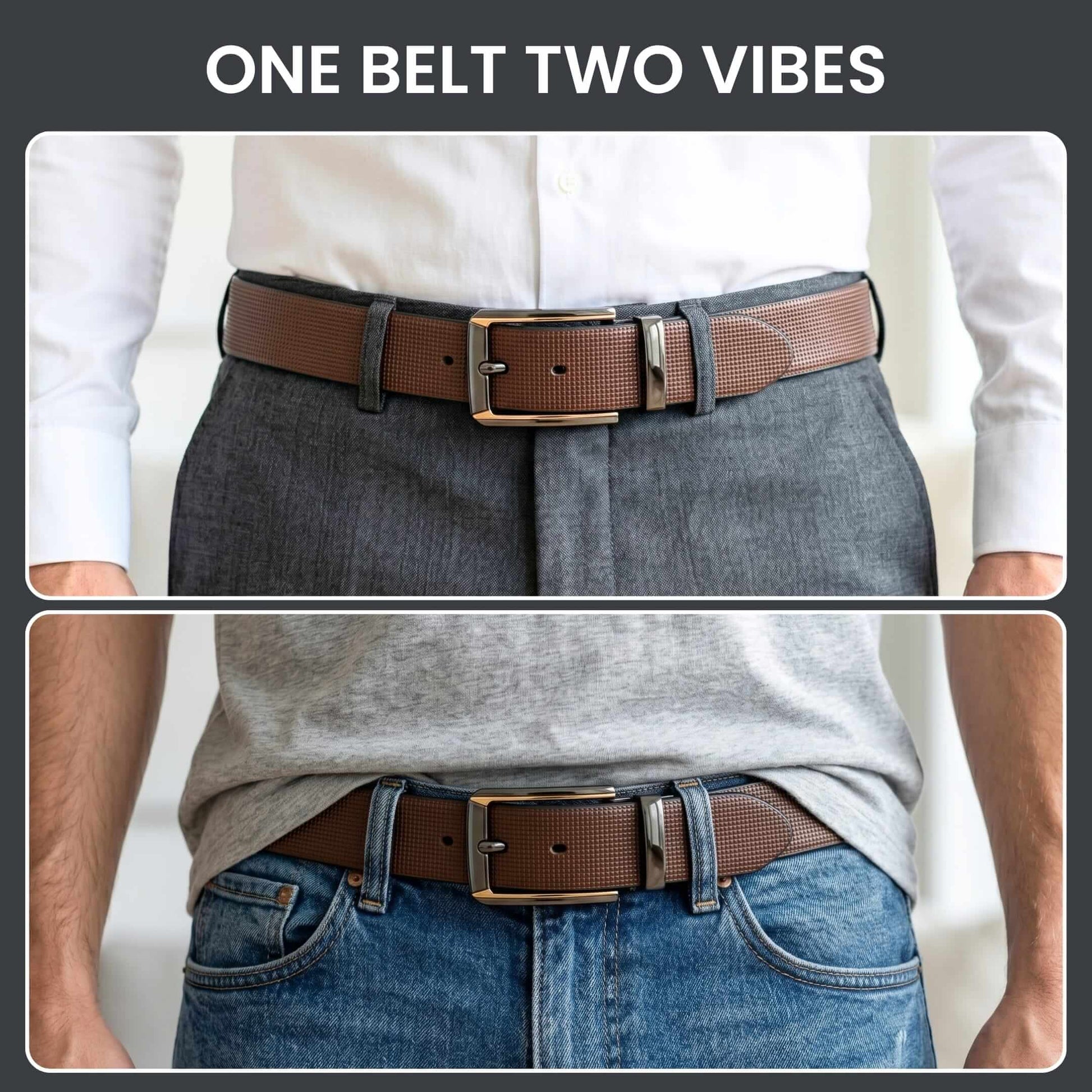 Mens 100% Genuine Leather Belt - NEXVIOR Grid-Emboss, TORVIK Gold-Border Gunmetal Pin Buckle (Brown & Black Reversible) — Leather Belts for Men | THE MEN THING