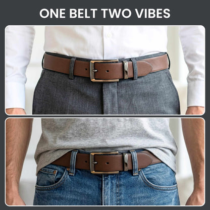 Mens 100% Genuine Leather Belt - NEXVIOR Grid-Emboss, TORVIK Gold-Border Gunmetal Pin Buckle (Brown & Black Reversible) — Leather Belts for Men | THE MEN THING