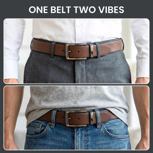 Mens 100% Genuine Leather Belt - NEXVIOR Grid-Emboss, TORVIK Gold-Border Gunmetal Pin Buckle (Brown & Black Reversible)