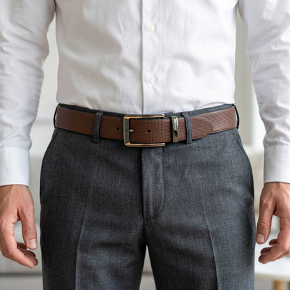 Mens 100% Genuine Leather Belt - NEXVIOR Grid-Emboss, TORVIK Gold-Border Gunmetal Pin Buckle (Brown & Black Reversible) — Leather Belts for Men | THE MEN THING