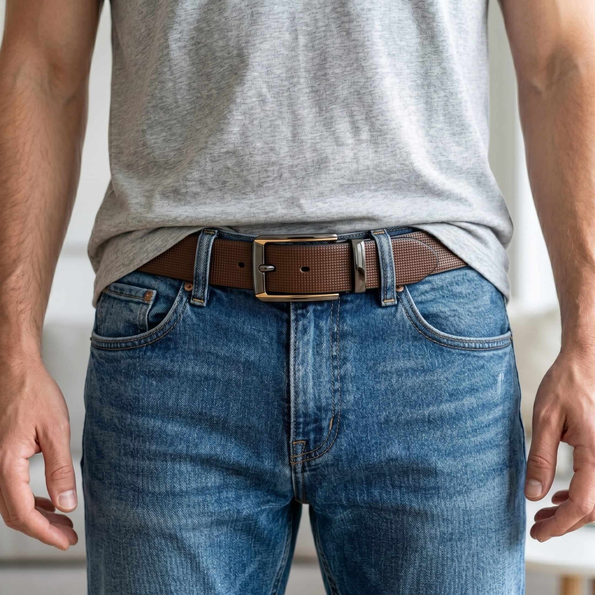 Mens 100% Genuine Leather Belt - NEXVIOR Grid-Emboss, TORVIK Gold-Border Gunmetal Pin Buckle (Brown & Black Reversible) — Leather Belts for Men | THE MEN THING