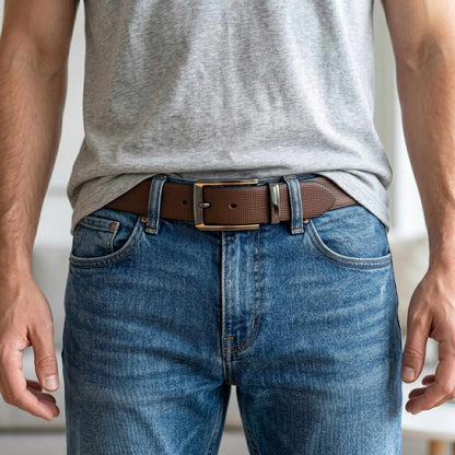 Mens 100% Genuine Leather Belt - NEXVIOR Grid-Emboss, TORVIK Gold-Border Gunmetal Pin Buckle (Brown & Black Reversible) — Leather Belts for Men | THE MEN THING