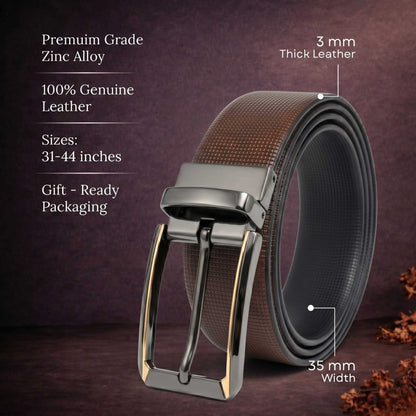 Mens 100% Genuine Leather Belt - NEXVIOR Grid-Emboss, TORVIK Gold-Border Gunmetal Pin Buckle (Brown & Black Reversible) — Leather Belts for Men | THE MEN THING