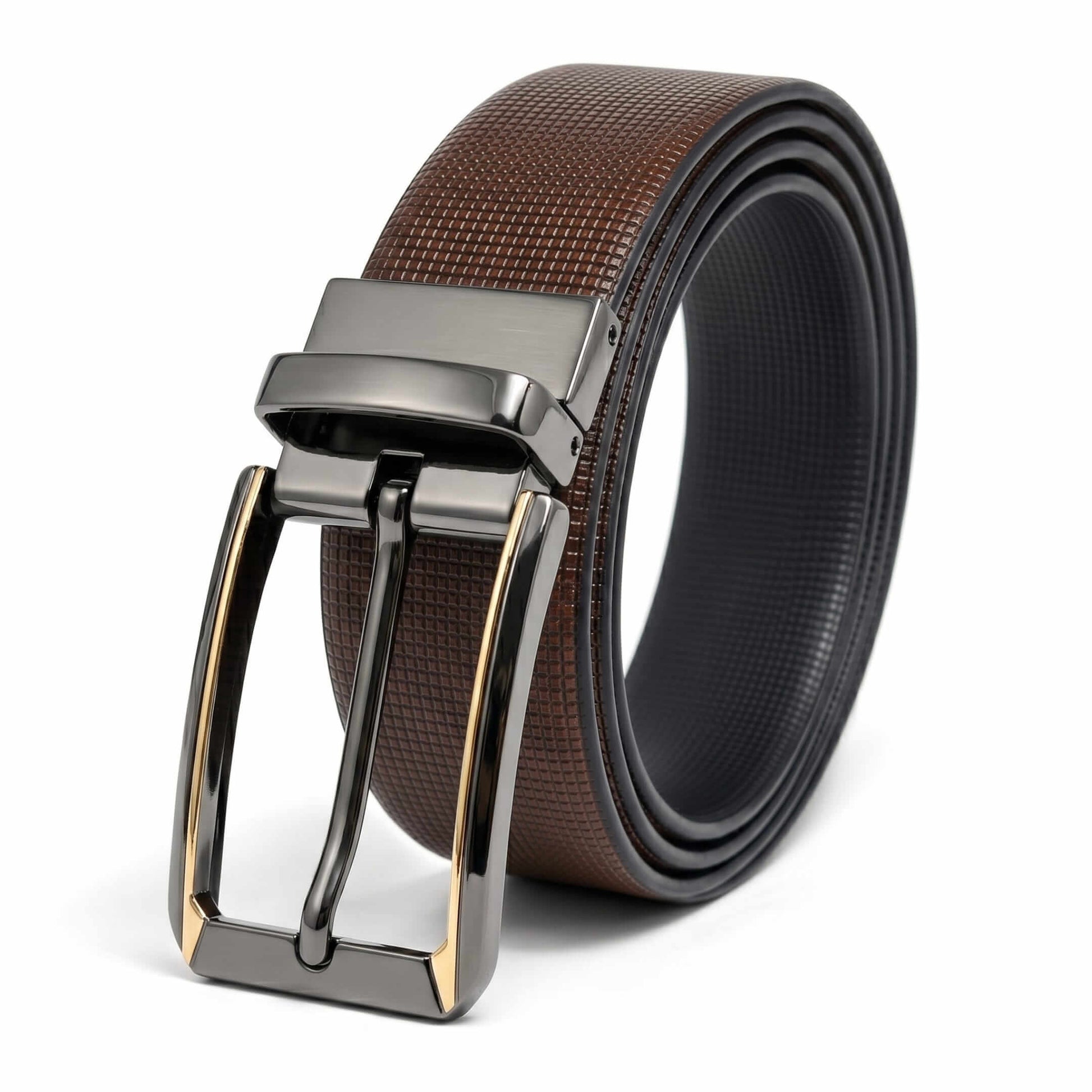 Mens 100% Genuine Leather Belt - NEXVIOR Grid-Emboss, TORVIK Gold-Border Gunmetal Pin Buckle (Brown & Black Reversible) — Leather Belts for Men | THE MEN THING