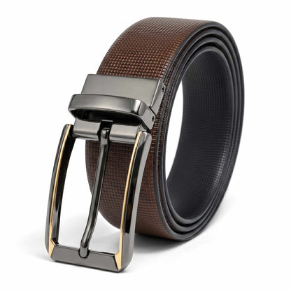 Mens 100% Genuine Leather Belt - NEXVIOR Grid-Emboss, TORVIK Gold-Border Gunmetal Pin Buckle (Brown & Black Reversible) — Leather Belts for Men | THE MEN THING