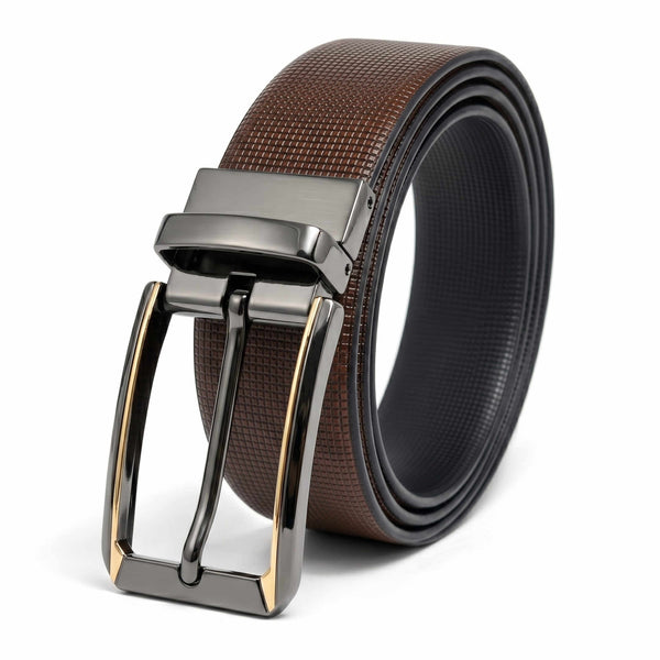Mens 100% Genuine Leather Belt - NEXVIOR Grid-Emboss, TORVIK Gold-Border Gunmetal Pin Buckle (Brown & Black Reversible)