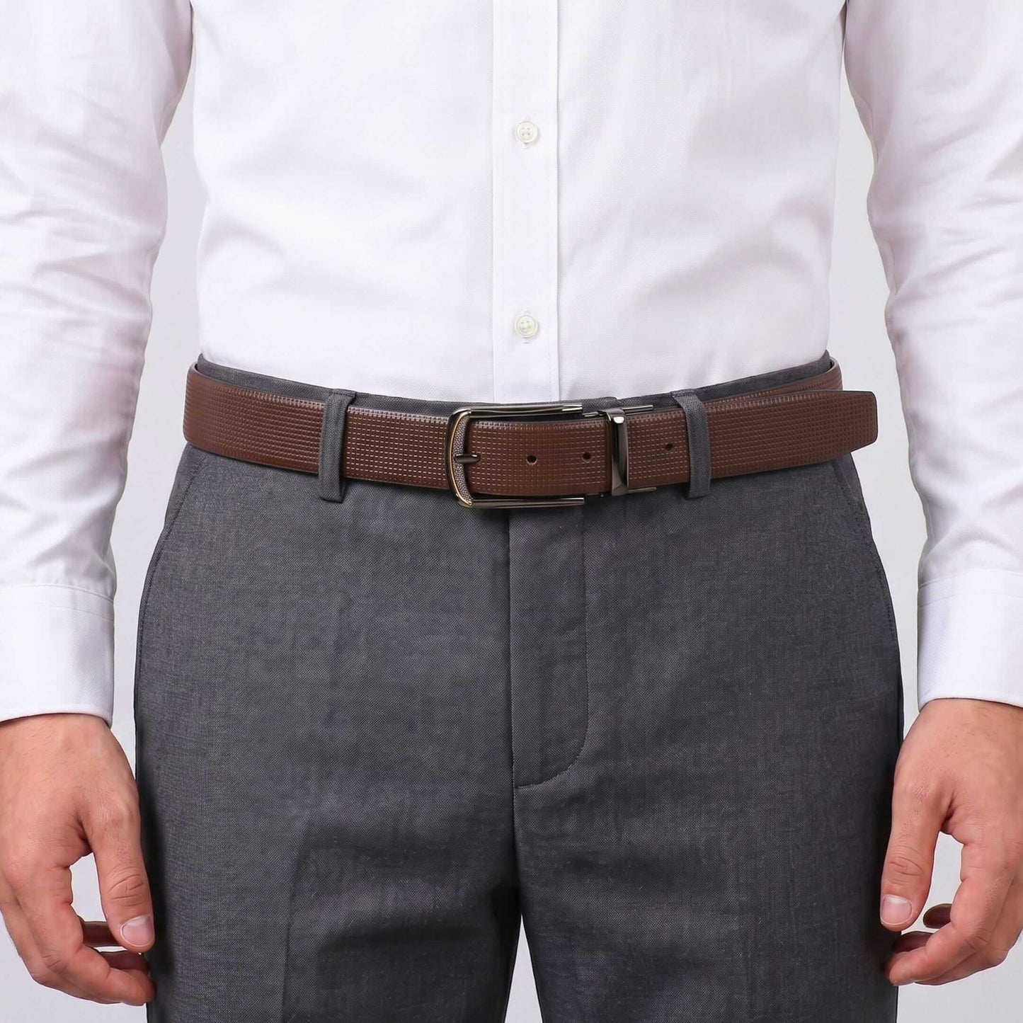 Mens 100% Genuine Leather Belt - NEXVIOR Grid-Emboss, ARQON Gold-Trim Gunmetal Pin Buckle (Brown & Black Reversible) — Leather Belts for Men | THE MEN THING