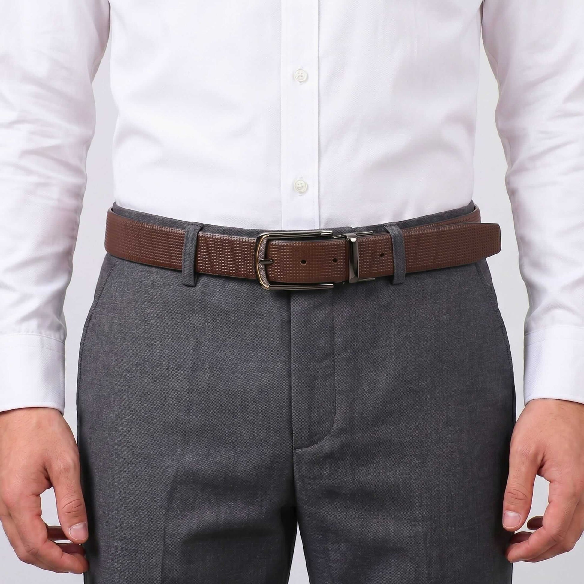 Mens 100% Genuine Leather Belt - NEXVIOR Grid-Emboss, ARQON Gold-Trim Gunmetal Pin Buckle (Brown & Black Reversible) — Leather Belts for Men | THE MEN THING