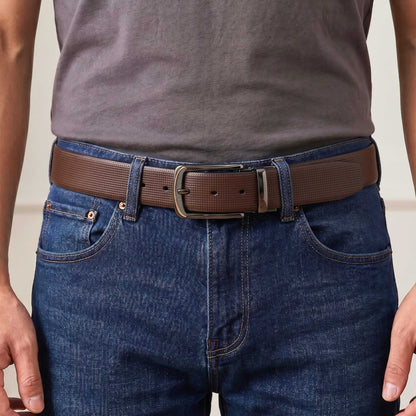 Mens 100% Genuine Leather Belt - NEXVIOR Grid-Emboss, ARQON Gold-Trim Gunmetal Pin Buckle (Brown & Black Reversible) — Leather Belts for Men | THE MEN THING