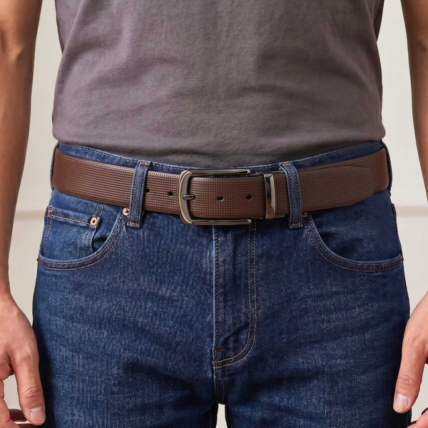 Mens 100% Genuine Leather Belt - NEXVIOR Grid-Emboss, ARQON Gold-Trim Gunmetal Pin Buckle (Brown & Black Reversible)