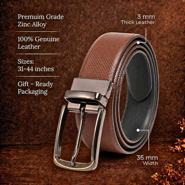 Mens 100% Genuine Leather Belt - NEXVIOR Grid-Emboss, ARQON Gold-Trim Gunmetal Pin Buckle (Brown & Black Reversible)