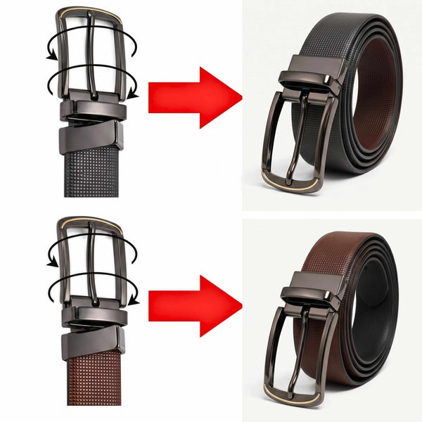 Mens 100% Genuine Leather Belt - NEXVIOR Grid-Emboss, ARQON Gold-Trim Gunmetal Pin Buckle (Brown & Black Reversible)