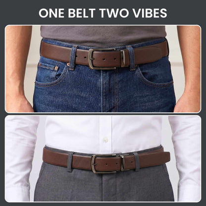 Mens 100% Genuine Leather Belt - NEXVIOR Grid-Emboss, ARQON Gold-Trim Gunmetal Pin Buckle (Brown & Black Reversible) — Leather Belts for Men | THE MEN THING