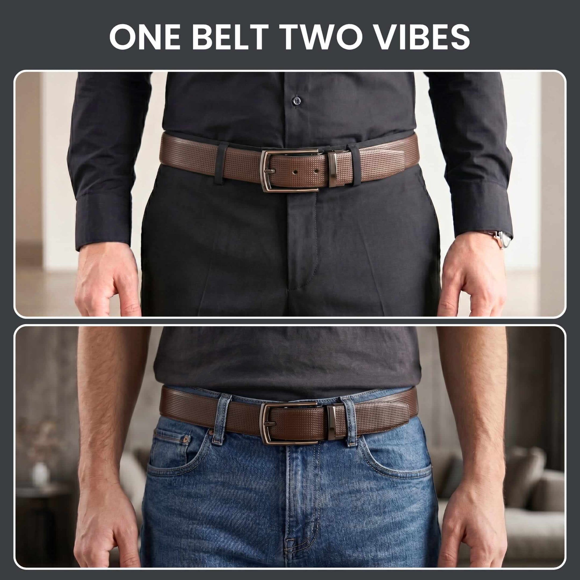 Mens 100% Genuine Leather Belt - NEXVIOR Grid-Emboss, LATCHIX Slim Gunmetal Pin Buckle (Brown & Black Reversible) — Leather Belts for Men | THE MEN THING