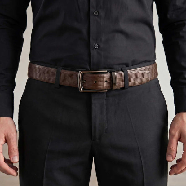 Mens 100% Genuine Leather Belt - NEXVIOR Grid-Emboss, LATCHIX Slim Gunmetal Pin Buckle (Brown & Black Reversible)
