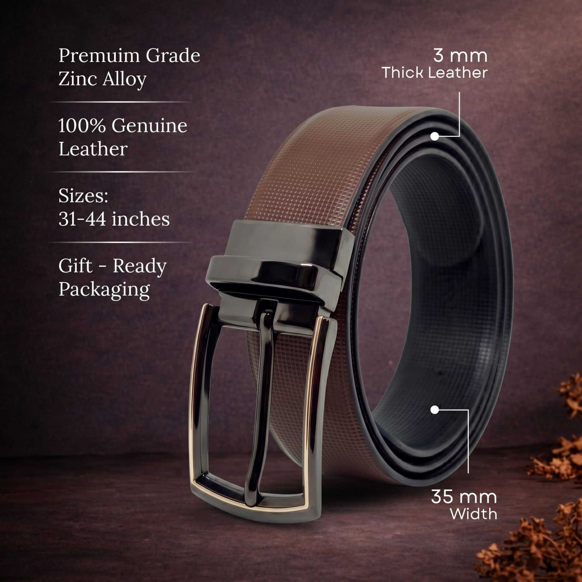 Mens 100% Genuine Leather Belt - NEXVIOR Grid-Emboss, LATCHIX Slim Gunmetal Pin Buckle (Brown & Black Reversible) — Leather Belts for Men | THE MEN THING