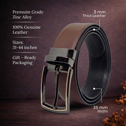 Mens 100% Genuine Leather Belt - NEXVIOR Grid-Emboss, LATCHIX Slim Gunmetal Pin Buckle (Brown & Black Reversible) — Leather Belts for Men | THE MEN THING