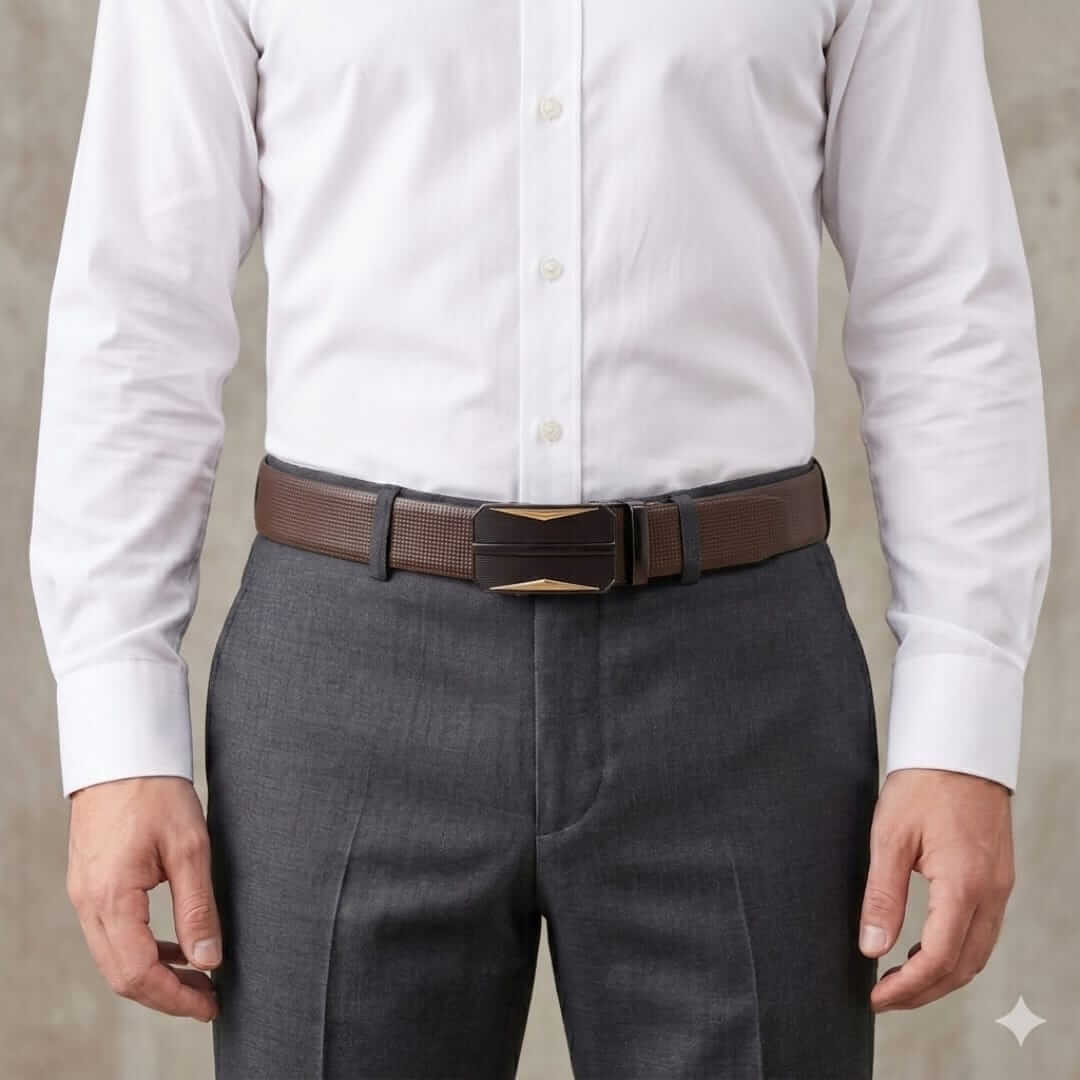 Mens 100% Genuine Leather Belt - NEXVIOR Grid-Emboss, RATCHOR Gold-Accent Auto-Lock Buckle (Brown & Black Reversible) — Leather Belts for Men | THE MEN THING
