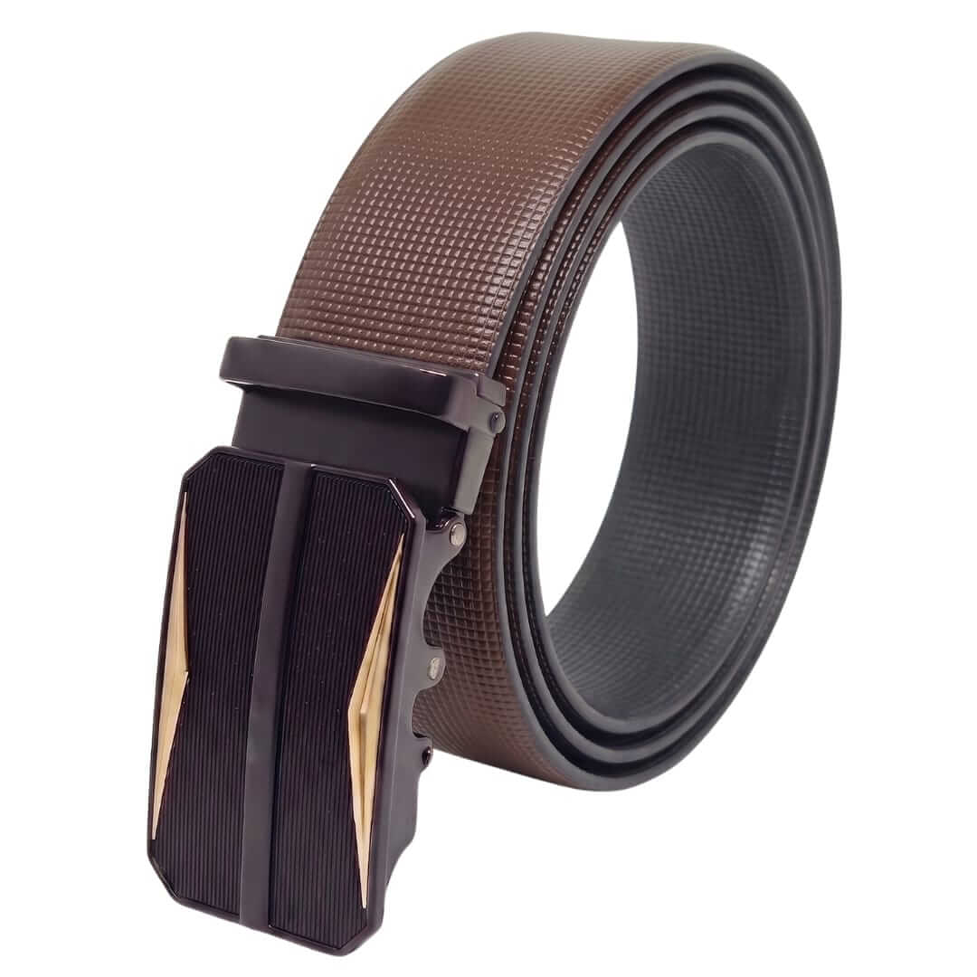 Mens 100% Genuine Leather Belt - NEXVIOR Grid-Emboss, RATCHOR Gold-Accent Auto-Lock Buckle (Brown & Black Reversible) — Leather Belts for Men | THE MEN THING