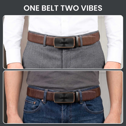 Mens 100% Genuine Leather Belt - NEXVIOR Grid-Emboss, SNAPTOR Gold-Bar Auto-Lock Buckle (Brown & Black Reversible) — Leather Belts for Men | THE MEN THING