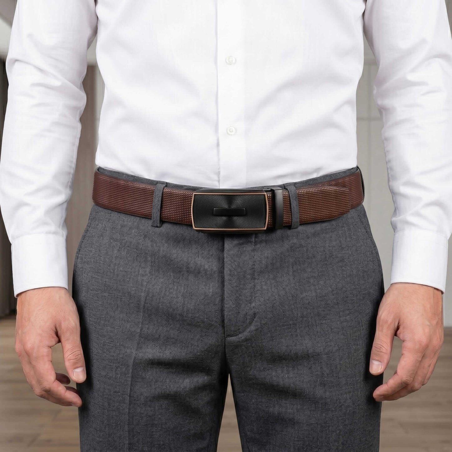 Mens 100% Genuine Leather Belt - NEXVIOR Grid-Emboss, SNAPTOR Gold-Bar Auto-Lock Buckle (Brown & Black Reversible) — Leather Belts for Men | THE MEN THING