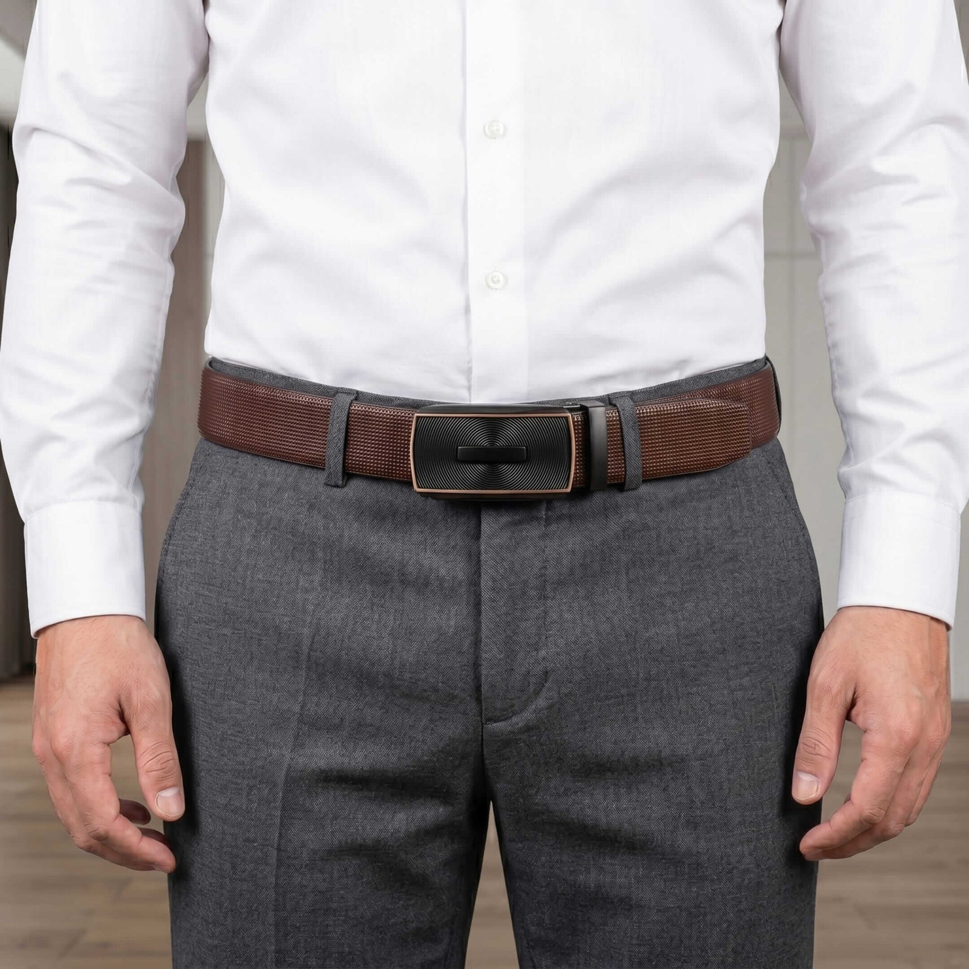 Mens 100% Genuine Leather Belt - NEXVIOR Grid-Emboss, SNAPTOR Gold-Bar Auto-Lock Buckle (Brown & Black Reversible) — Leather Belts for Men | THE MEN THING