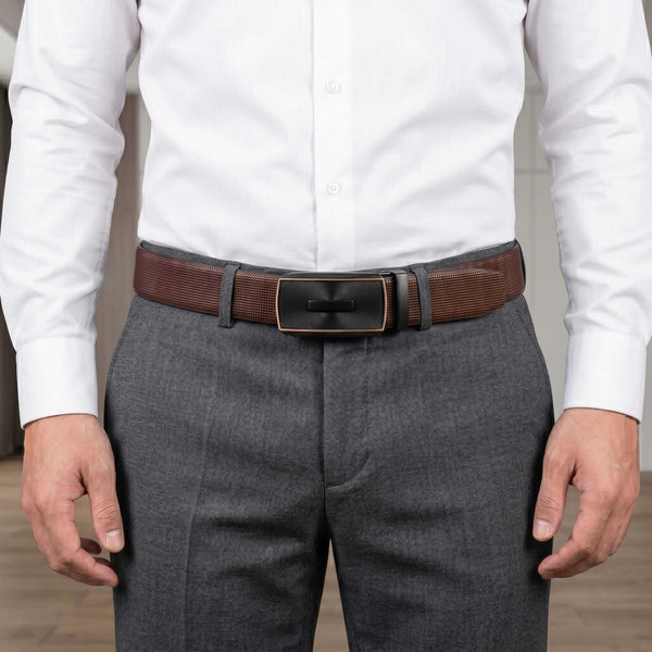 Mens 100% Genuine Leather Belt - NEXVIOR Grid-Emboss, SNAPTOR Gold-Bar Auto-Lock Buckle (Brown & Black Reversible)