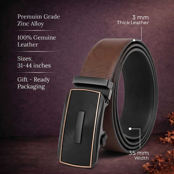 Mens 100% Genuine Leather Belt - NEXVIOR Grid-Emboss, SNAPTOR Gold-Bar Auto-Lock Buckle (Brown & Black Reversible)