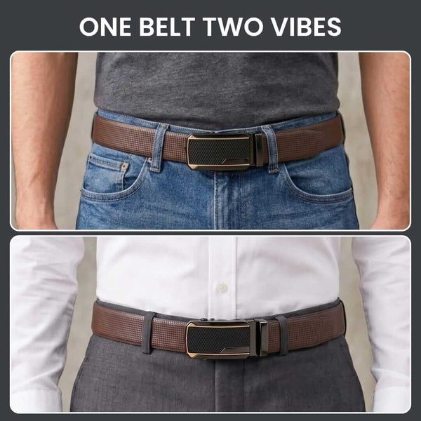 Mens 100% Genuine Leather Belt - NEXVIOR Grid-Emboss, KINGVAR Carbon-Texture Auto-Lock Buckle (Brown & Black Reversible)