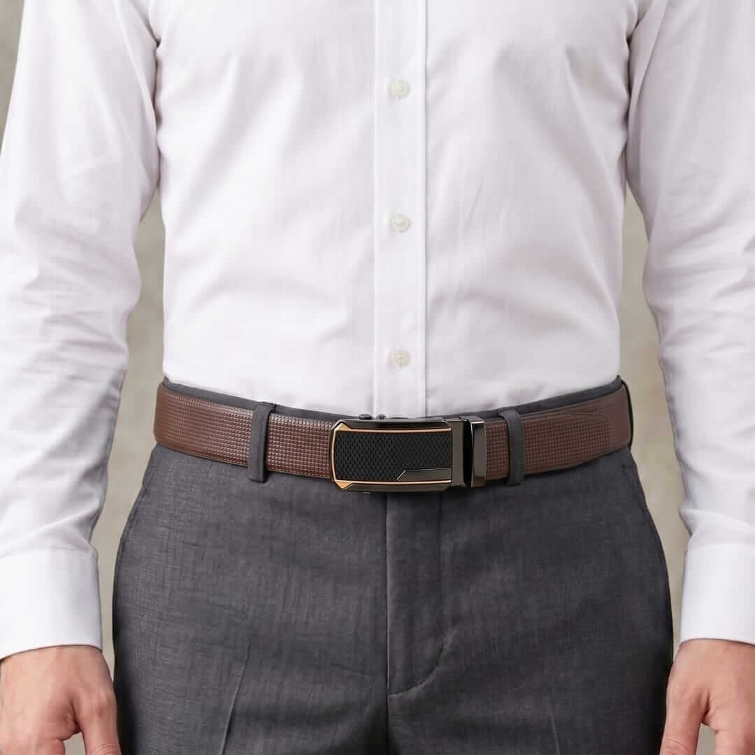 Mens 100% Genuine Leather Belt - NEXVIOR Grid-Emboss, KINGVAR Carbon-Texture Auto-Lock Buckle (Brown & Black Reversible) — Leather Belts for Men | THE MEN THING