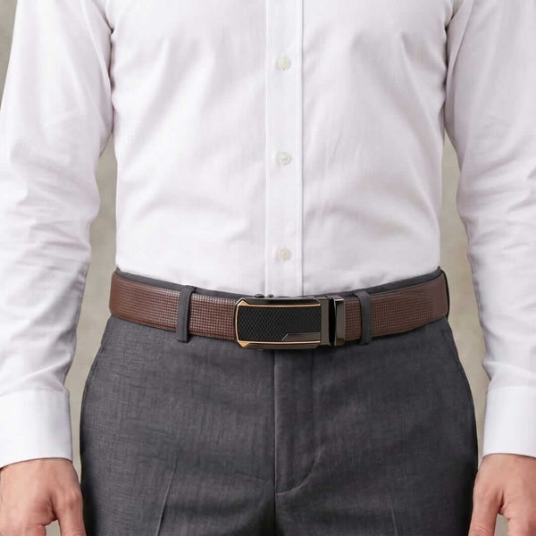 Mens 100% Genuine Leather Belt - NEXVIOR Grid-Emboss, KINGVAR Carbon-Texture Auto-Lock Buckle (Brown & Black Reversible)