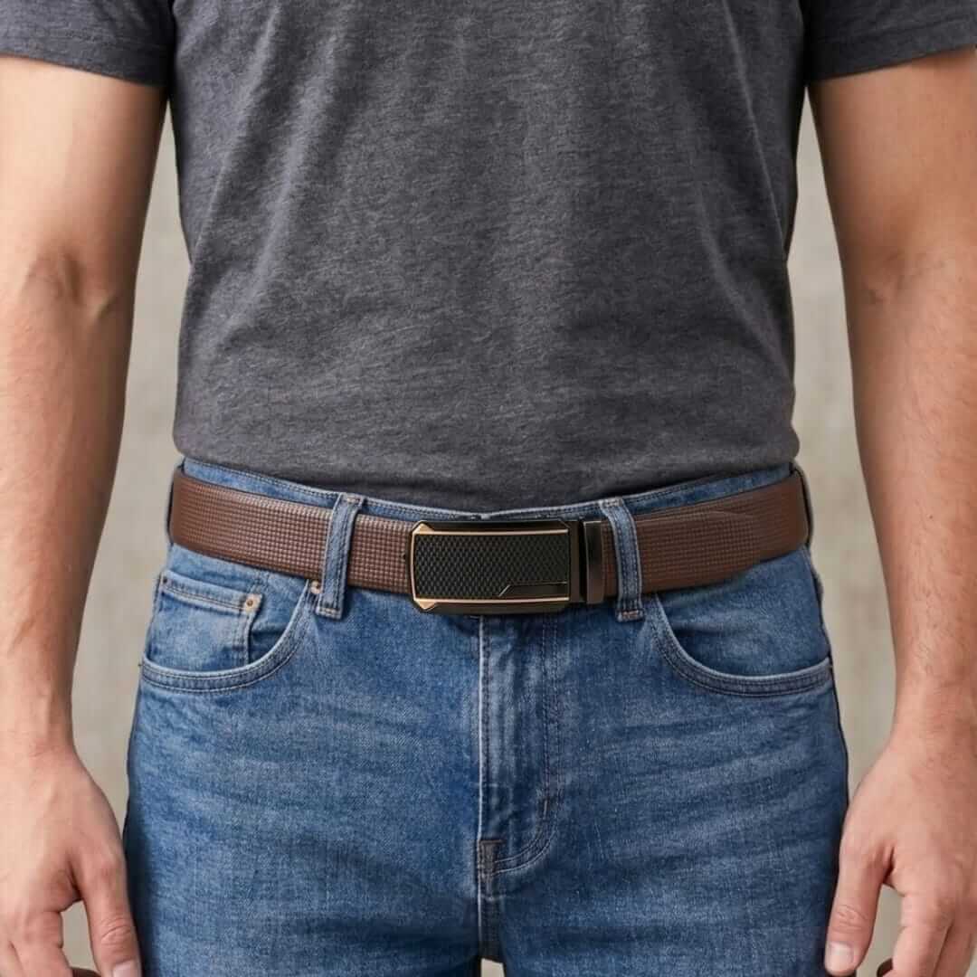 Mens 100% Genuine Leather Belt - NEXVIOR Grid-Emboss, KINGVAR Carbon-Texture Auto-Lock Buckle (Brown & Black Reversible) — Leather Belts for Men | THE MEN THING
