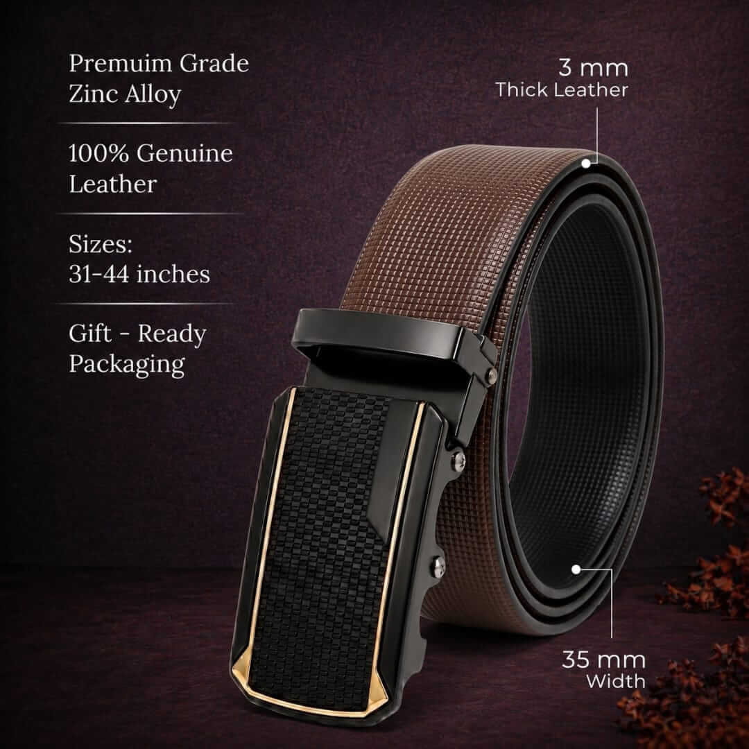 Mens 100% Genuine Leather Belt - NEXVIOR Grid-Emboss, KINGVAR Carbon-Texture Auto-Lock Buckle (Brown & Black Reversible) — Leather Belts for Men | THE MEN THING