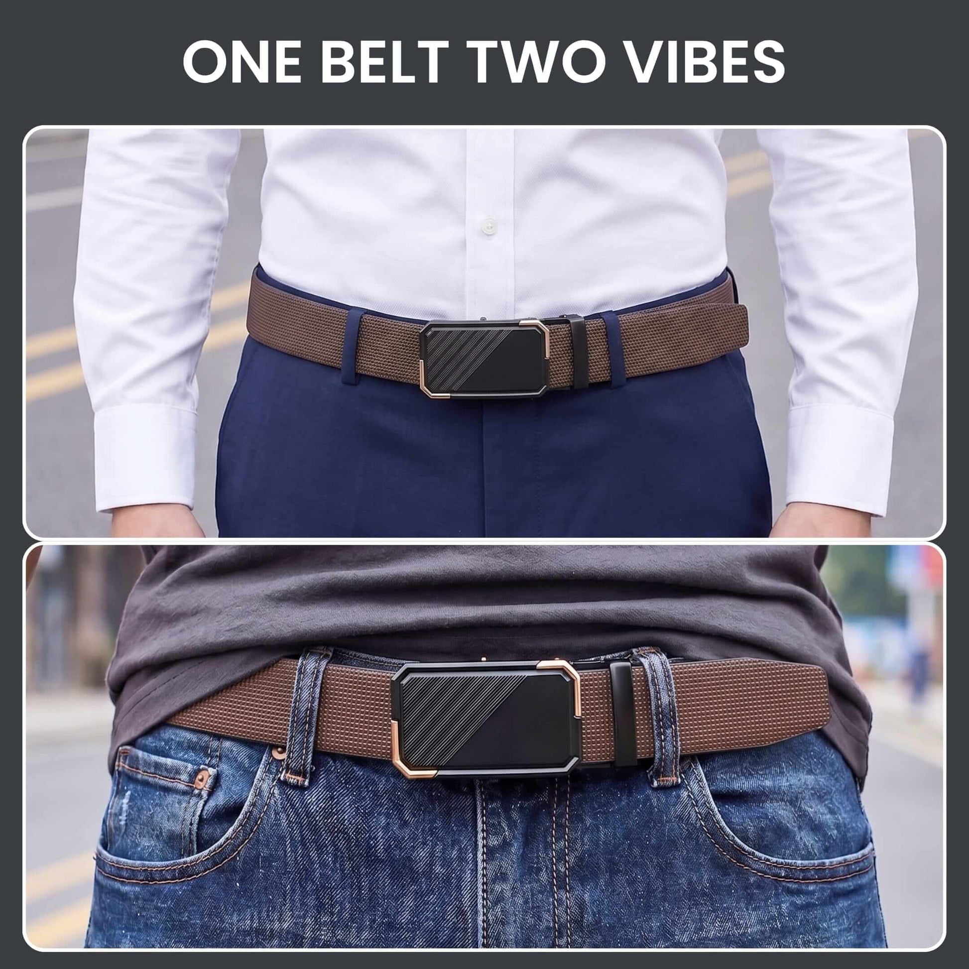 Mens 100% Genuine Leather Belt - NEXVIOR Grid-Emboss, BELVARO Gloss Gold-Frame Auto-Lock Buckle (Brown & Black Reversible) — Leather Belts for Men | THE MEN THING