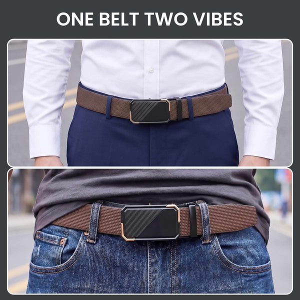 Mens 100% Genuine Leather Belt - NEXVIOR Grid-Emboss, BELVARO Gloss Gold-Frame Auto-Lock Buckle (Brown & Black Reversible)