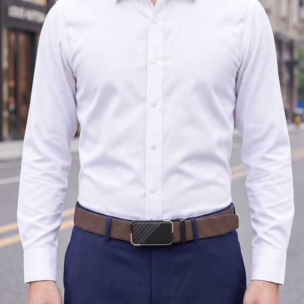 Mens 100% Genuine Leather Belt - NEXVIOR Grid-Emboss, BELVARO Gloss Gold-Frame Auto-Lock Buckle (Brown & Black Reversible)