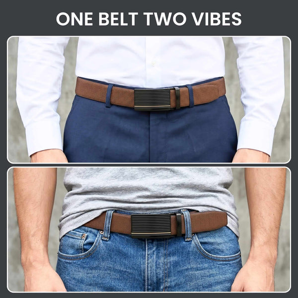 Mens 100% Genuine Leather Belt - NEXVIOR Grid-Emboss, DRAKO Ribbed Auto-Lock Buckle (Brown & Black Reversible)