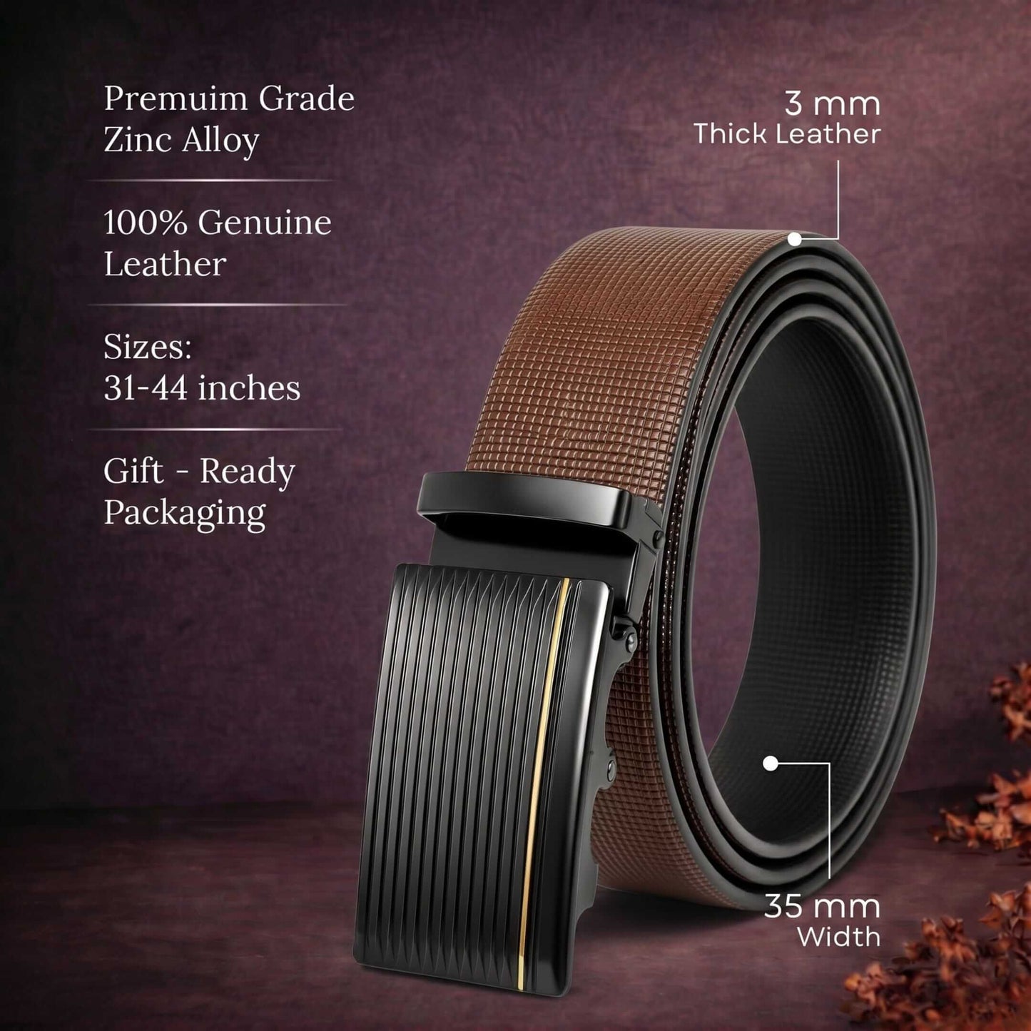 Mens 100% Genuine Leather Belt - NEXVIOR Grid-Emboss, DRAKO Ribbed Auto-Lock Buckle (Brown & Black Reversible) — Leather Belts for Men | THE MEN THING
