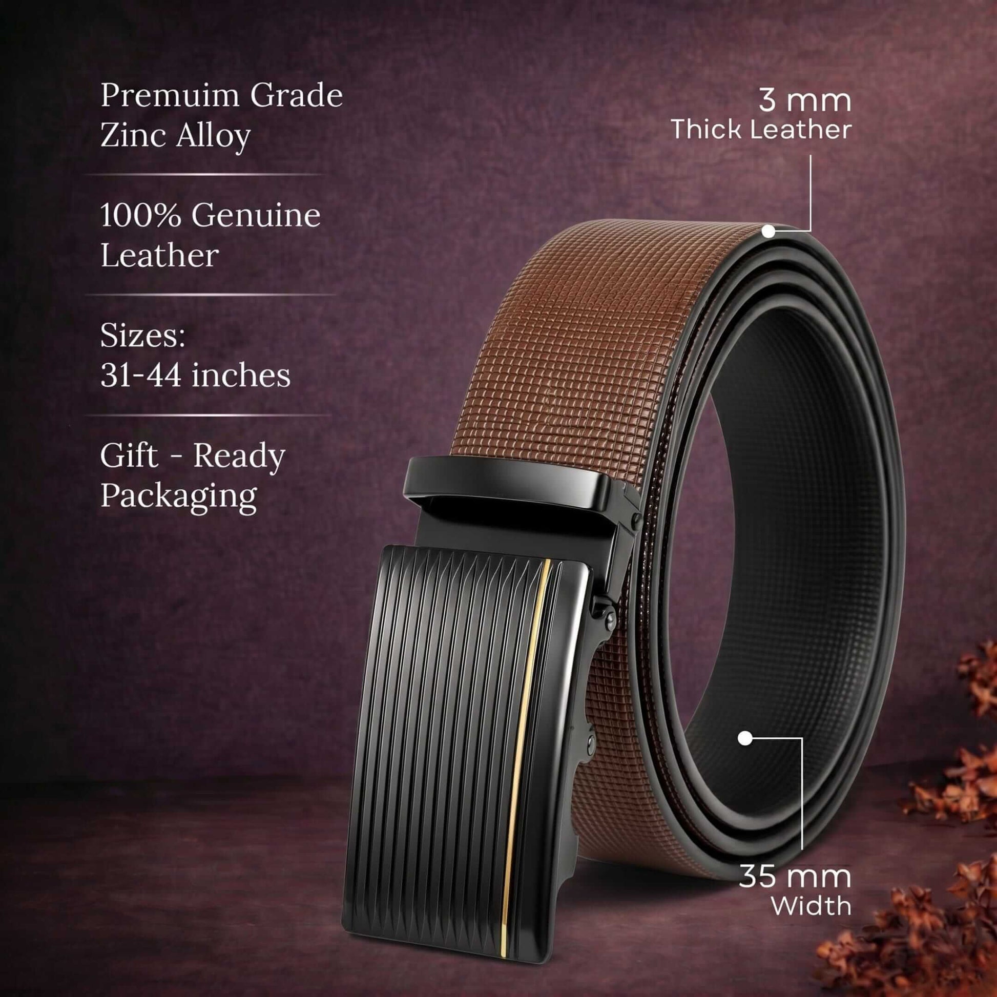 Mens 100% Genuine Leather Belt - NEXVIOR Grid-Emboss, DRAKO Ribbed Auto-Lock Buckle (Brown & Black Reversible) — Leather Belts for Men | THE MEN THING
