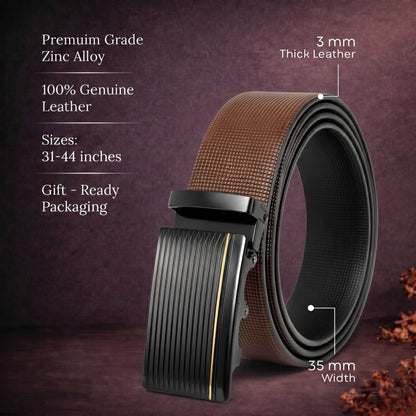 Mens 100% Genuine Leather Belt - NEXVIOR Grid-Emboss, DRAKO Ribbed Auto-Lock Buckle (Brown & Black Reversible) — Leather Belts for Men | THE MEN THING