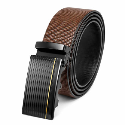Mens 100% Genuine Leather Belt - NEXVIOR Grid-Emboss, DRAKO Ribbed Auto-Lock Buckle (Brown & Black Reversible) — Leather Belts for Men | THE MEN THING