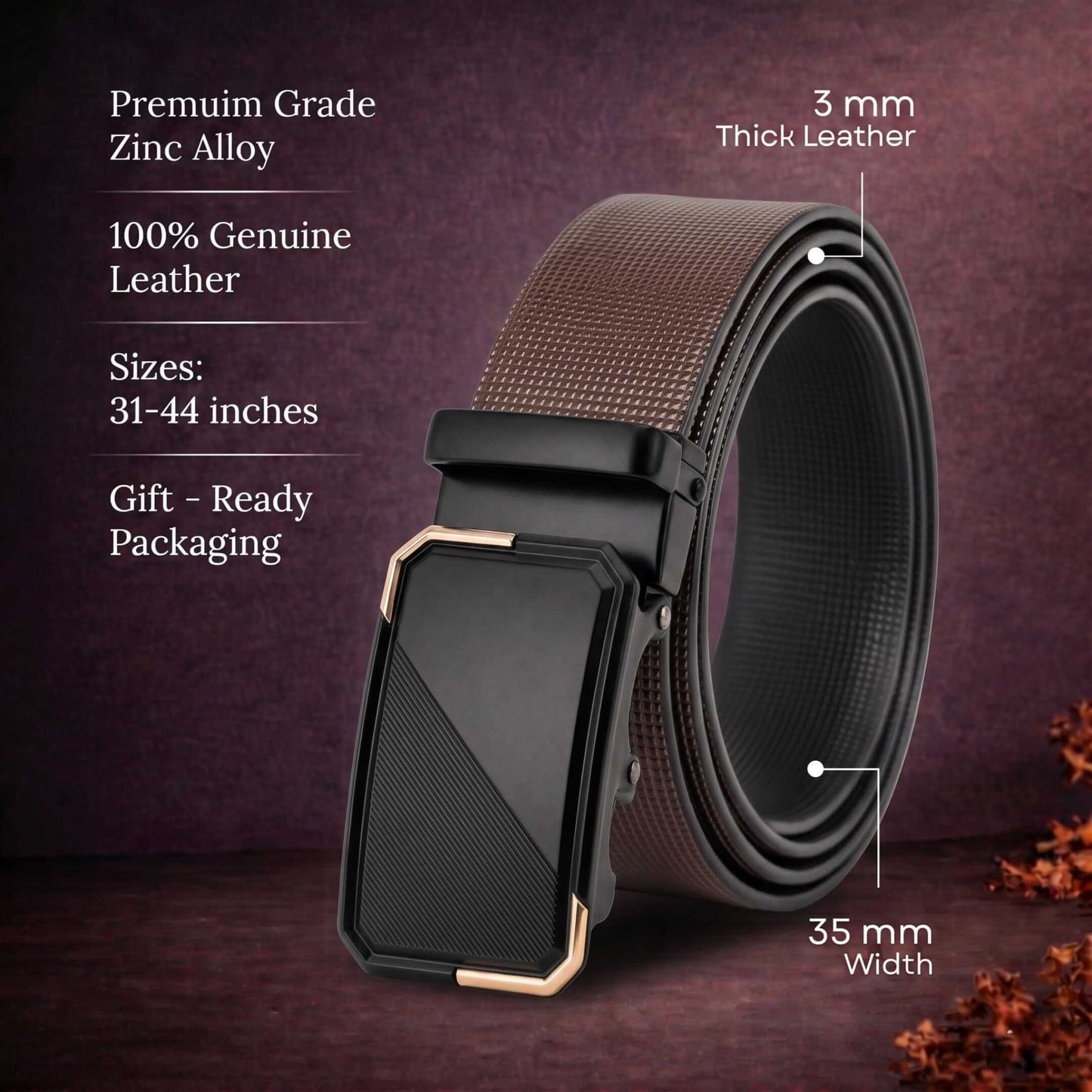 Mens 100% Genuine Leather Belt - NEXVIOR Grid-Emboss, BELVARO Gloss Gold-Frame Auto-Lock Buckle (Brown & Black Reversible) — Leather Belts for Men | THE MEN THING