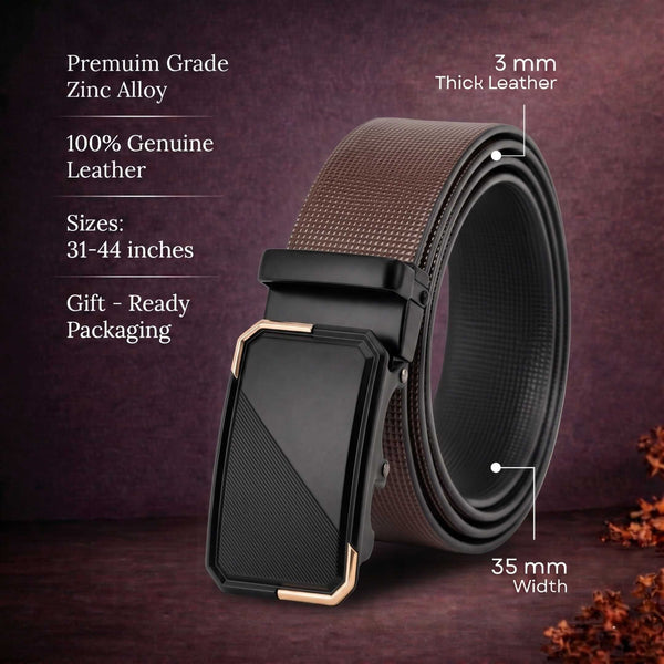 Mens 100% Genuine Leather Belt - NEXVIOR Grid-Emboss, BELVARO Gloss Gold-Frame Auto-Lock Buckle (Brown & Black Reversible)