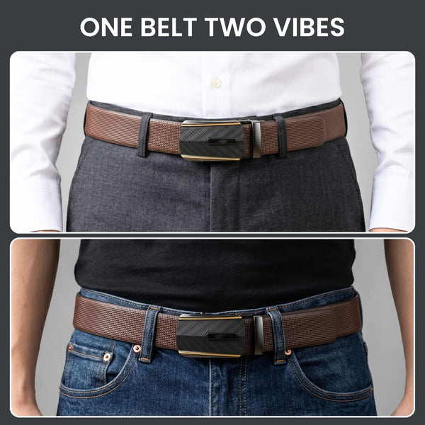 Mens 100% Genuine Leather Belt - NEXVIOR Grid-Emboss, REGALIX Textured Auto-Lock Buckle (Brown & Black Reversible)